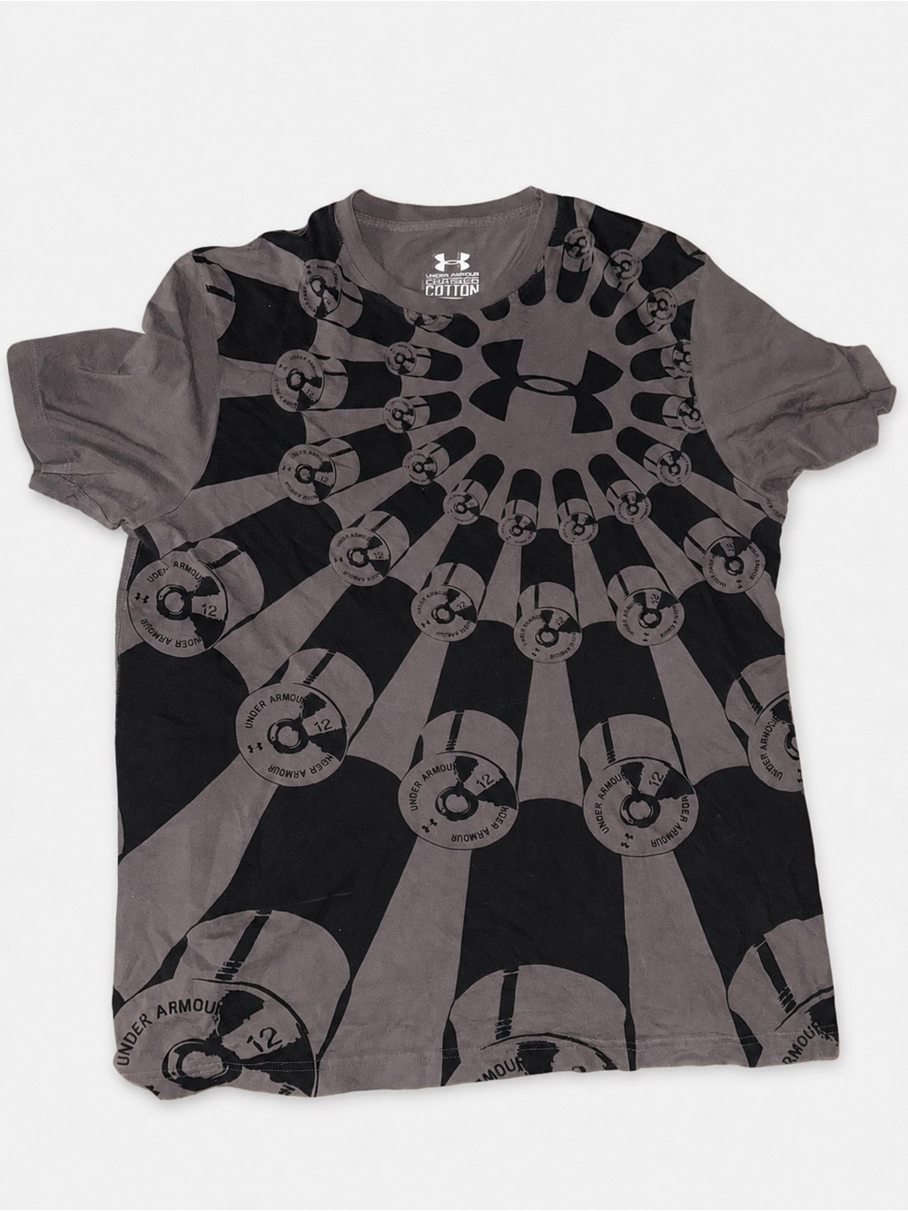Under Armour Charged Cotton Men’s XL Gray Black Graphic T-Shirt Weight Plate Tee